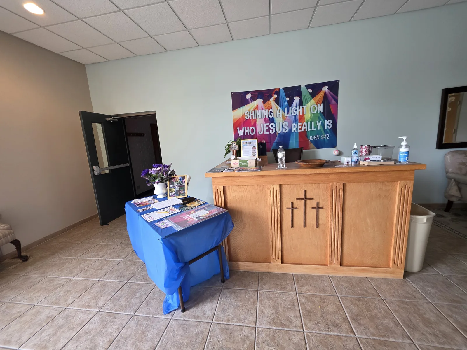 The welcome desk inside the front doors